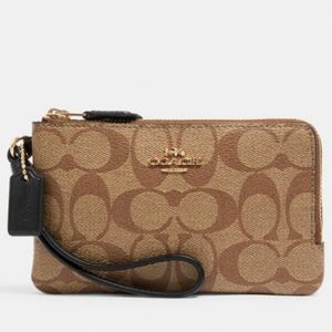 Double Zip Wristlet In Blocked Signature Canvas